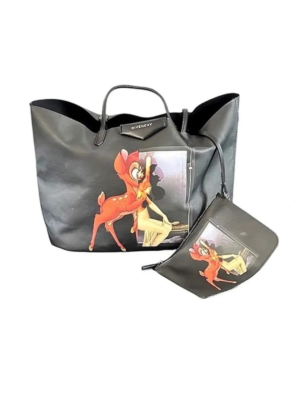 AUTH Givenchy x Disney Bambi Antigona Large Tote Bag with Matching Pouch Black